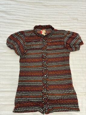 Zara Button-Front Patterned Blouse in Black, Orange & Pink for girls Size large